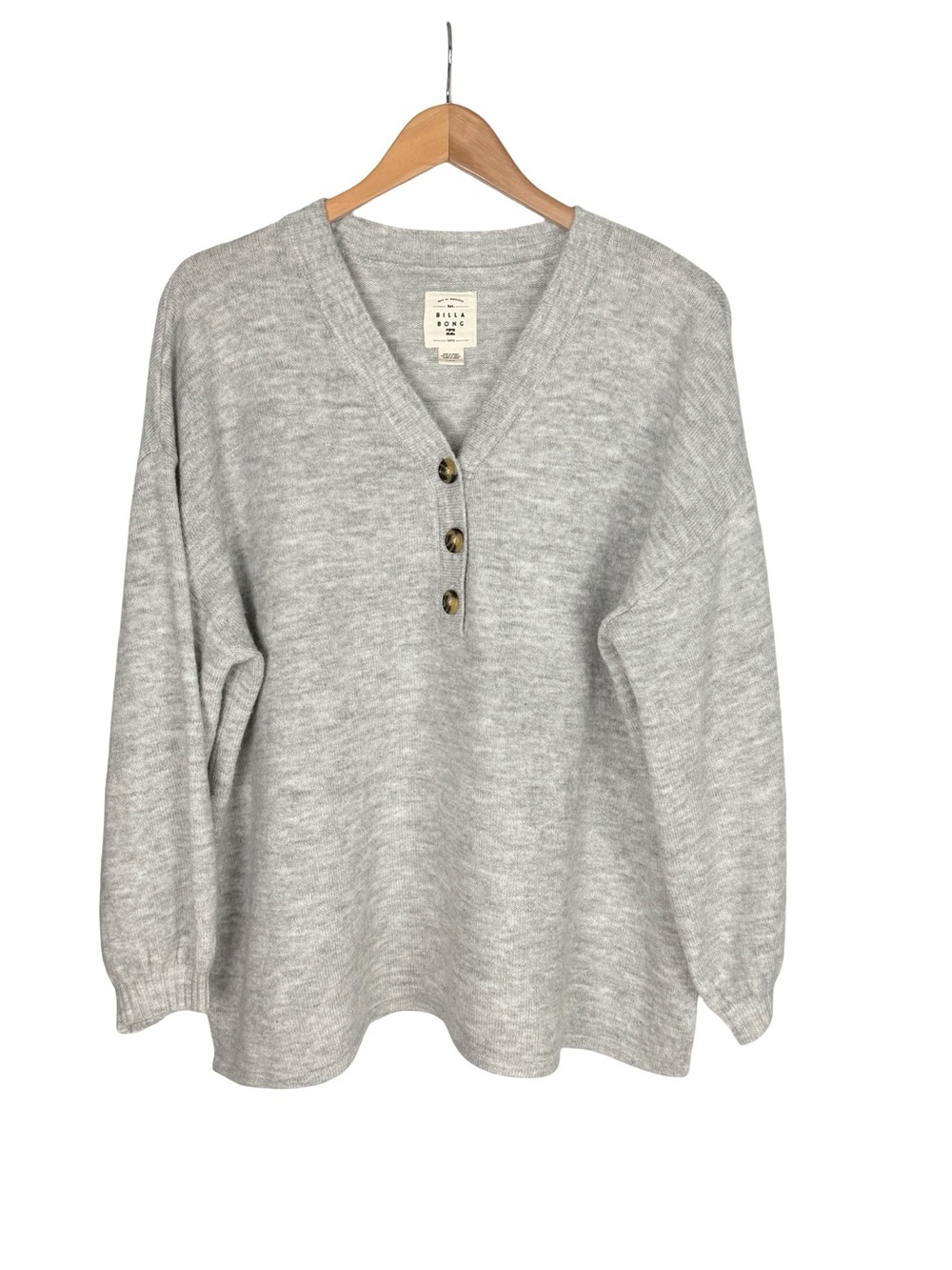 Billabong women's V-neck long-sleeve henley sweater grey oversized size L - Picture 2 of 10